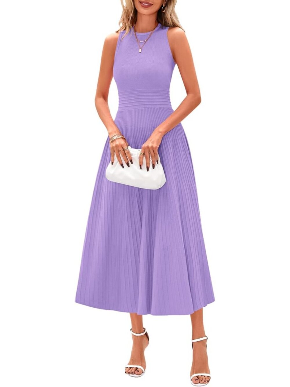 Women's Purple Sleeveless A Line Summer Pleated Midi Work Wedding Guest Dresses